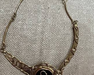 Art Nouveau Style Necklace with Onyx Cabochon and Swirl Motif
