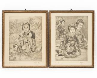 Pair of Japanese Children and Geishas Etchings by Willy Seiler