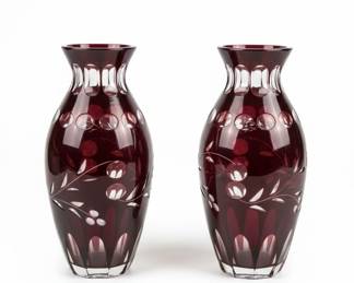Pair of Ruby Red Cut-to-Clear Bohemian Crystal Vases