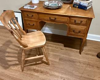 Vintage Light Oak Vanity Desk with Mirror and Chair - Ethan Allen Style
