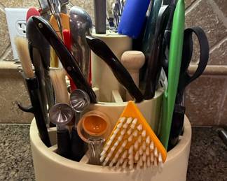Kitchen Utensil Collection with Rotating Organizer and Ceramic Crock