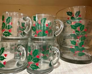 Indiana Glass Holly Berry Christmas Mugs and Bowls