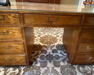 Mid-Century Modern Oak Campaign Style Executive Desk