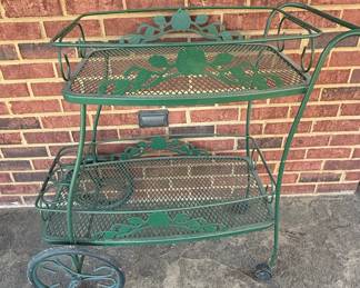 Woodard Wrought Iron "Chantilly Rose" Style Green Bar Cart