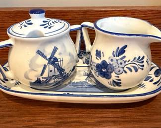 Delft Blue Handpainted Holland Sugar Bowl and Creamer Set with Tray