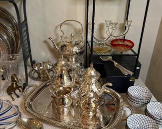 Silver Plate Tea Set and Footed Silver Pkate Tray