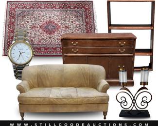 Furniture, antiques, watches, rugs, jewelry, David Winter cottages, vintage coins, tapestries, Marvel comics, Dr. Seuss, & much more!