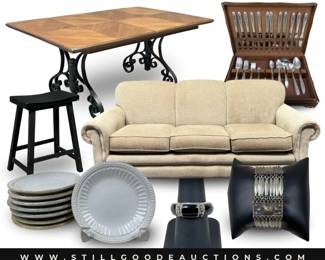 Furniture, antiques, dishes, jewery, watches, sterling silver, 14k gold, flatware sets, lighting, chandeliers, & much more!