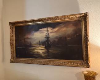Super cool mid-century, modern original oil painting of a ship at sea