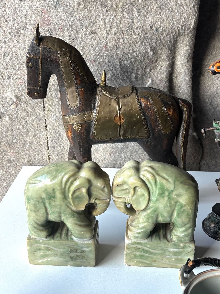Celadon elephant bookends  and wooden horse 