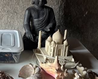 Wooden Buddhist sculpture, Taj Mahal light, rare sea shells 