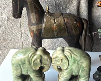 Jade elephant book ends  and wooden horse 