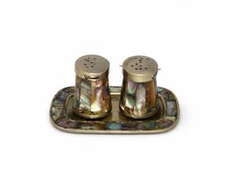 19 VintageAbaloneSaltPepperShakersTraySetMCM