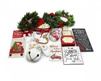 73 VintageChristmasDcorLotWreathsSignsElfFigureLinensMor