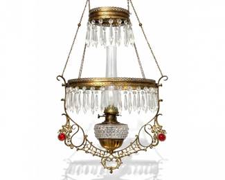 14 AntiqueVictorianHangingLampwBrassFrameCrystalPrismsElect