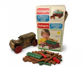 101 VintagePlayskoolLincolnLogsSetwBoxTinLithoToyCar