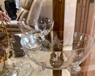 Vintage etched thin crystal bowl