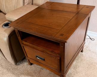 One of 2 matching wood end tables, with one matching narrow table.