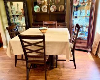 Nice Dining set, table and 4 chairs with centered China cabinet. Flanking are 2 separate, Excellent Front sliding glass door Display cabinets