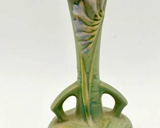 Roseville Freesia green bud vase, pattern number 195-7,