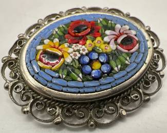 Vibrant, Colorful Italian Micro Mosaic Floral Brooch