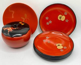 Japanese Wood Plates And Lidded Bowl