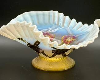 Vtg Goofus Opalescent Glass Ruffled Bowl White Gold Flowers Jack in Pulpit Style