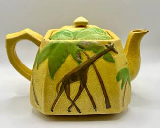 Vintage Yellow Ceramic Teapot with Raised Relief Animal Motifs