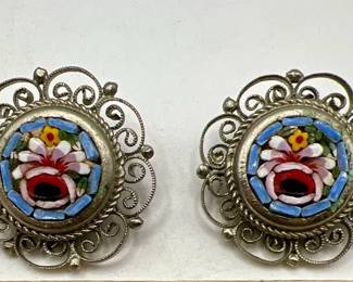 Vintage Italian Micro Mosaic Floral Clip Earrings