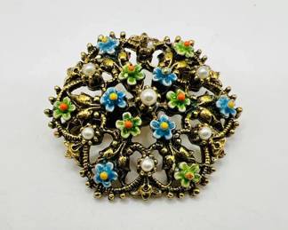 Vintage ART Brooch with Enamel Flowers & Faux Seed Pearls