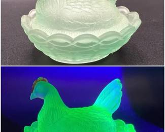 Uranium Glass Frosted Green Hen On Nest — Glows Brightly in 395nm Ultraviolet Light