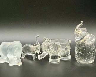 (4) Clear Glass Elephants Featuring Stickered bullicante By Leonard