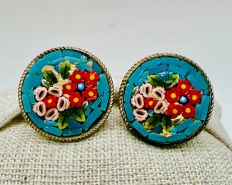 Pair of Vintage Italian Micro Mosaic Twistback Earrings — Turquoise Base