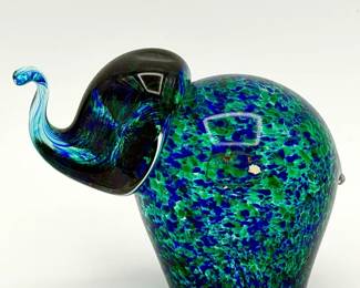 1970s Wedgwood speckled blue and green glass elephant paperweight