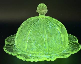 L.G. Wright Paneled Thistle clear glass covered butter dish
