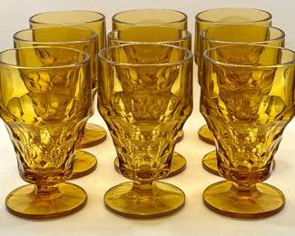 (9) Amber Anchor Hocking Georgian Honeycomb Pressed Glass Footed Iced Tea Goblets