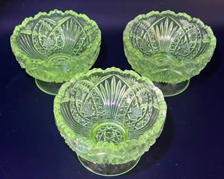 (3) Vintage New Martinsville Glass "Arrowhead in Oval" Dishes with Green Ultraviolet Glow