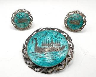 Sterling Silver Enameled Vintage Jewelry Set: Brooch & Clip Earrings — Thailand