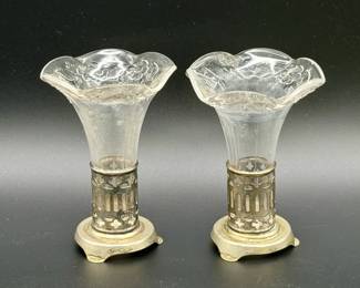 Art Nouveau style vases featuring etched glass trumpet inserts