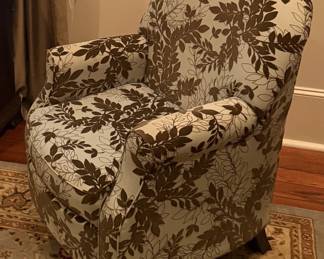 Accent chair in light blue and flocked brown velvet leaf pattern