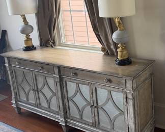 Side board with weathered finish. two drawers and cabinet storage