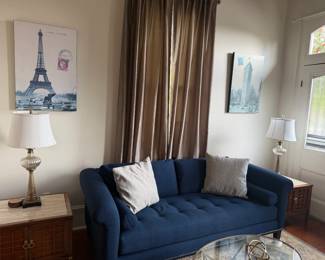 Hardly ever used indigo blue Hurwitz  Minz sofa with back pillow and bolster pillow