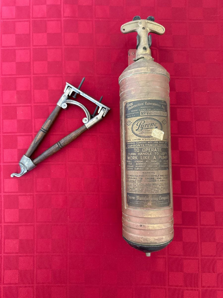 UL Pyrene Fire Extinguisher, Vintage Swivel Wall Hook