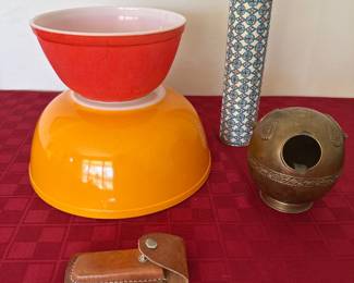 Vintage Primary Colors Pyrex, Pakistan Pocket Knife, Kaleidoscope, Brass Ashtray