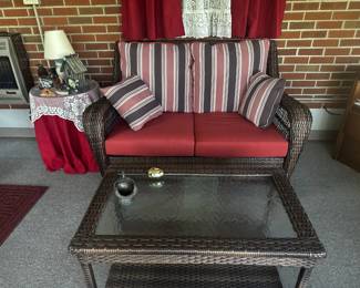 FURNITURE  WICKER LOVE SEAT AND COFFEE TABLE
