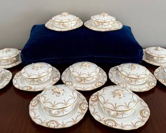 Antique Royal Worcester Turtle Soup Bowls with Scallop  Shell Underplate