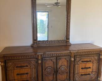 Dresser/Mirror, Ornate Carvings & Heavy Brass Hardware