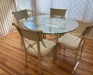  Table/4-Chairs, Glass Top, Light-Tone Frames + Gold Touches