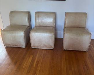 Three Brown Leather Chairs w/ Concealed Wheels