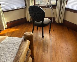 Carved Back Black Wood Chair with Fabric Seat